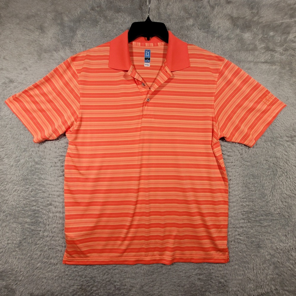 PGA TOUR Airflux Mens‎ Large Orange Salmon Stripe Golf Polo Shirt
